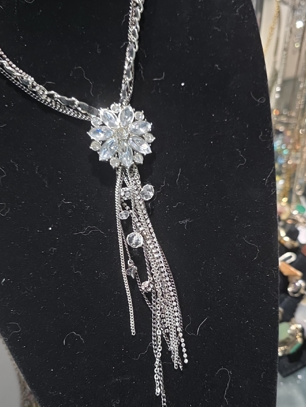 Crystal Floral Tassel Necklace in Silver
